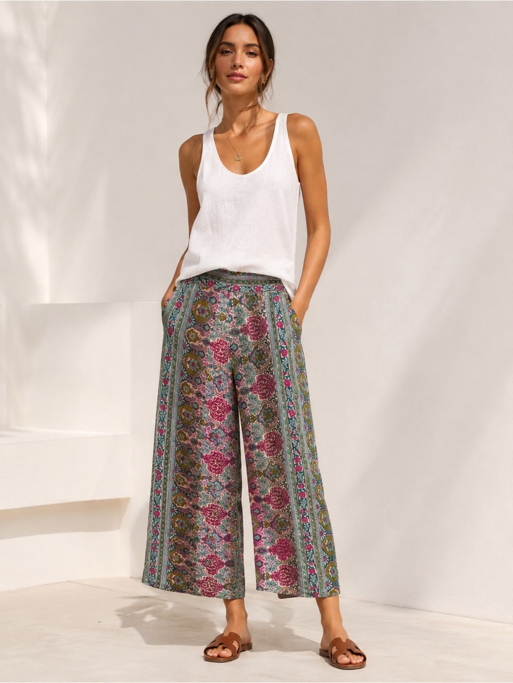 Cienna Designs Boho Cropped Wide Leg Ankle Pants M